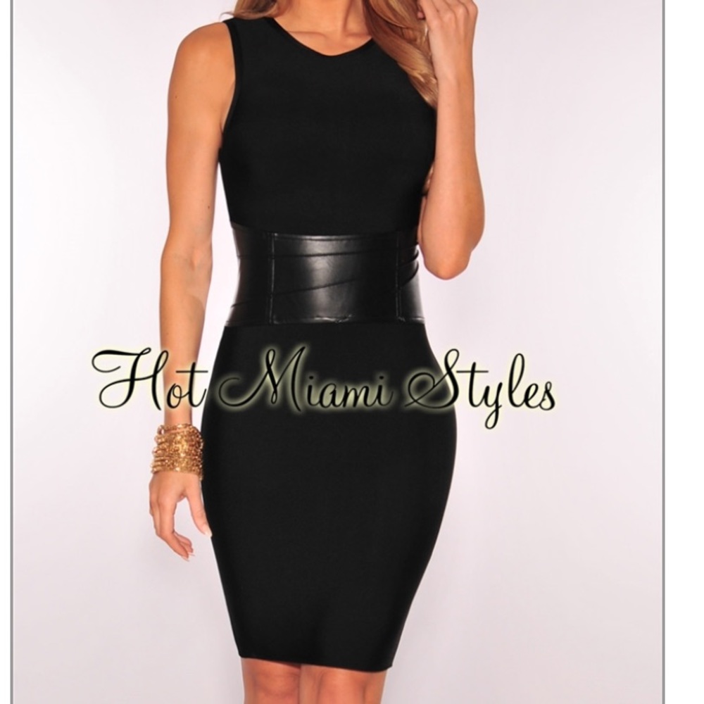 Black faux leather wide waistband dress